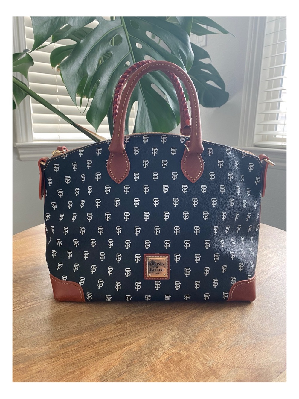 Dooney & Bourke MLB SF Giants Logo Monogram Satchel with Brown Trim